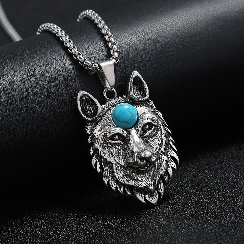 Wolf Head Turquoise Pendant Necklace For Hanfu Style Jewelry_voghion.com