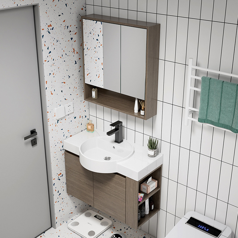 Impermeable de madera maciza pequeño apartamento lavabo baño gabinete combinación baño ultra-estrecho lavabo de cerámica integrado mesa de lavado