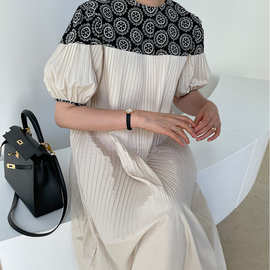 韩国chic夏季复古民族风圆领印花重工拼接立体褶皱泡泡袖连衣裙女