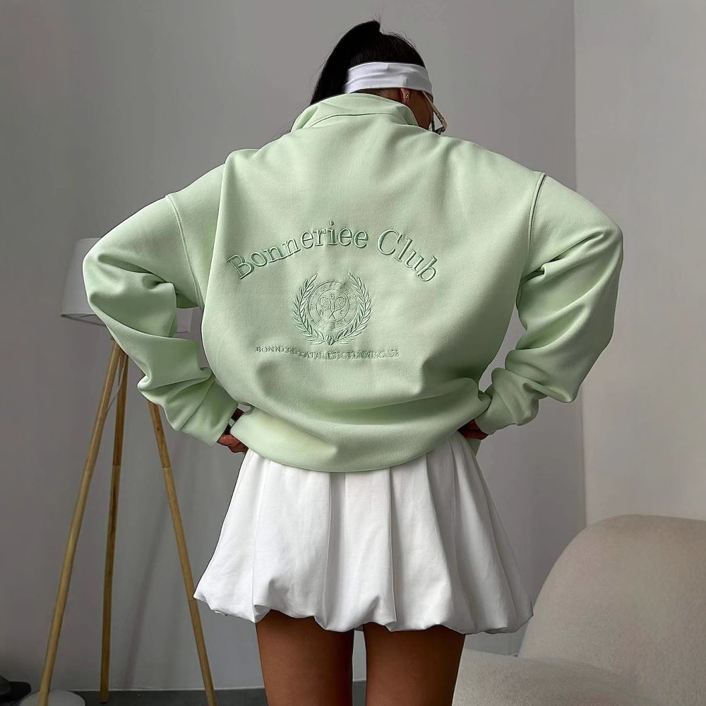 2025 Spring Autumn Candy Color Series Letter Embroidered Sweatshirt Front And Back Printed Lazy Half-Zip Top For Women_voghion.com