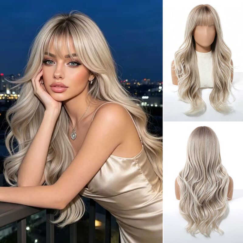 Fullwigs export-style ombre blonde wig, long curly hair, synthetic fiber wig, full headpiece