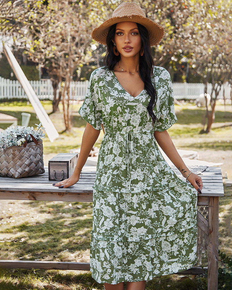 V-neck temperament mid-length printed dress NSKA37608