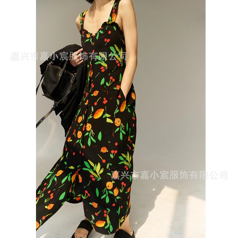 Special Offer: Island Vacation Style Fruit Print Color-Blocked Spaghetti Strap Long Dress, Slimming, Wrinkle-Resistant, with Good Drape