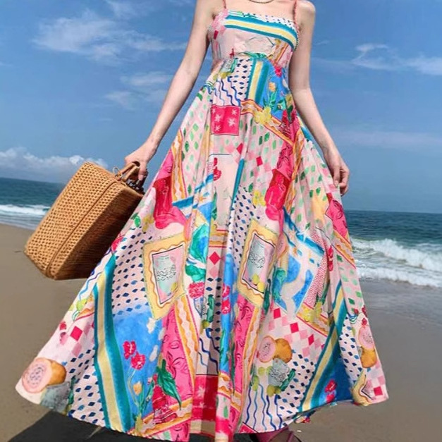 2025 Spring/Summer Cross-Border Independent Site Amazon Cross-Border Women's Clothing Graffiti Resort Style High-Waisted Slimming Strap Dress 2025 Spring/Summer Cross-Border Independent Site Amazon Cross-Border Women's Clothing Graffiti Resort Style High-Waisted Slimming Strap Dress