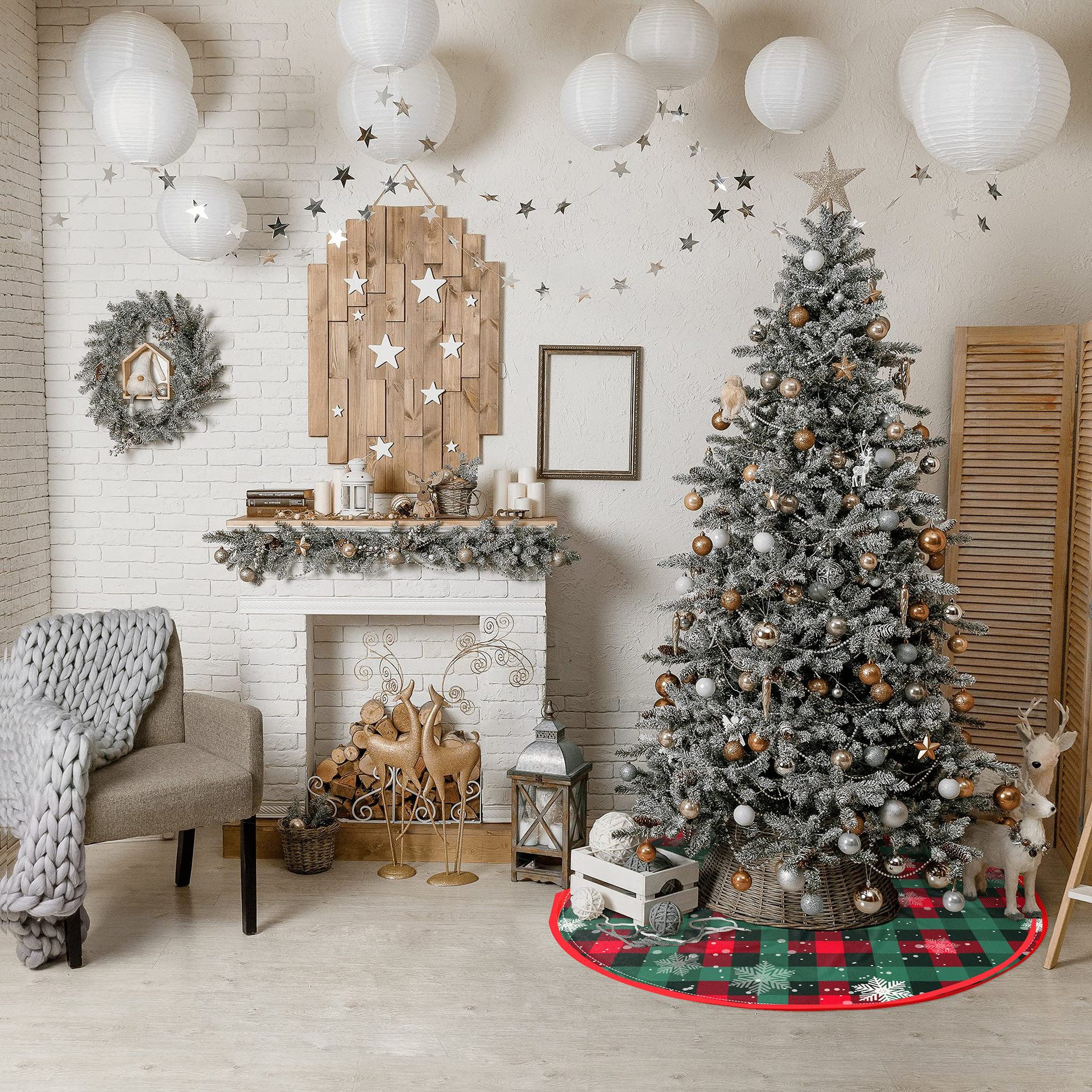 Falda de árbol de Navidad de felpa corta FIESTA DE Navidad copo de nieve Plaid muñeco de nieve impreso árbol de Navidad inferior Hotel hogar