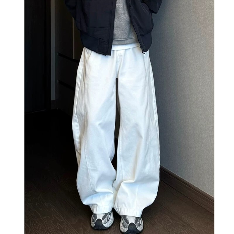White curved hem jeans for men and women, spring/summer pants, cleanfit, drapey straight wide-leg pants, thin summer style White curved hem jeans for men and women, spring/summer pants, cleanfit, drapey straight wide-leg pants, thin summer style