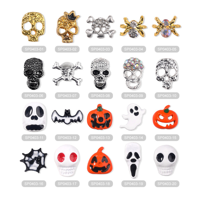 Cross Border Halloween Nail Art Alloy Jewelry Wholesale Skull Head Ghost Spider Bat South Nail Decoration
