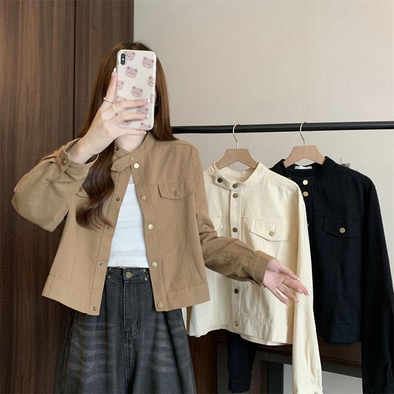 大码立领咖色外套女短款小个子2025秋季新款复古夹克棕色黑色杏色|undefined