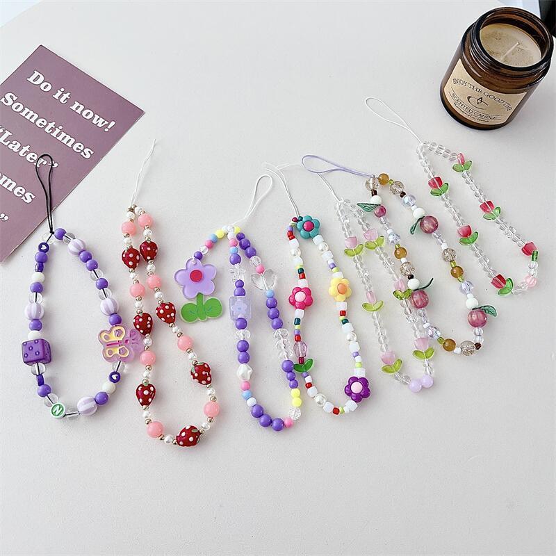 Korean style fresh tulip flower beaded mobile phone chain glass Strawberry chain mobile phone shell pendant wholesale