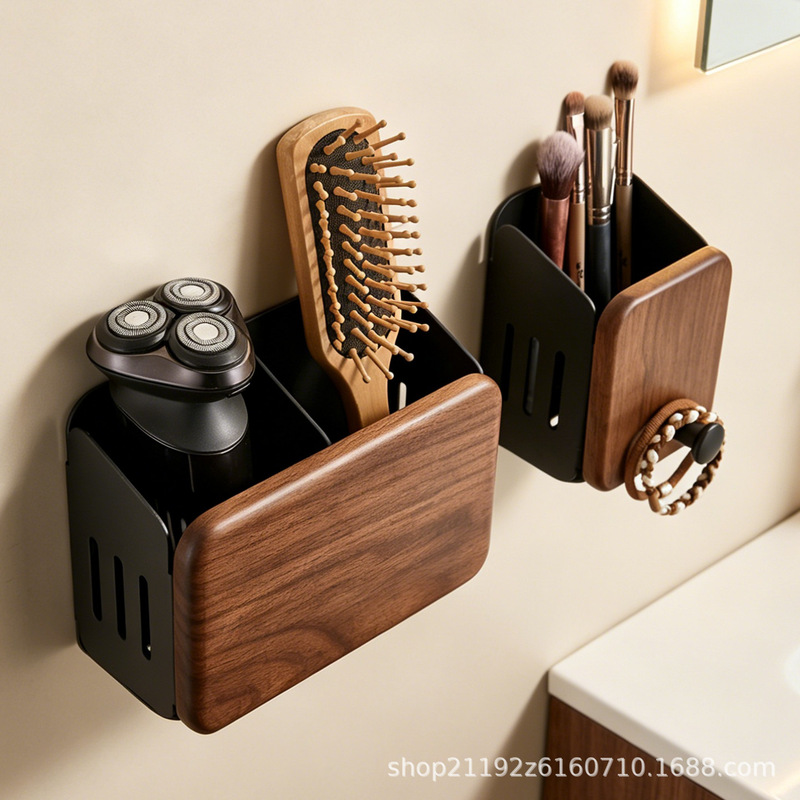 Walnut wood wall-mounted storage box, bathroom shelf with drainage design, storage for electric shaver, comb, and makeup brushes Walnut wood wall-mounted storage box, bathroom shelf with drainage design, storage for electric shaver, comb, and makeup brushes