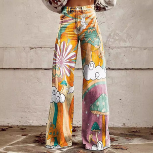 Independent Station Xiyin Shopee 2024 New 3D Heat Transfer Flare Pants Simulated Denim Trousers Loose Pants