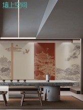 立体新中式祥云楼阁墙纸中国风古典茶室酒店壁画饭店餐厅装修壁纸