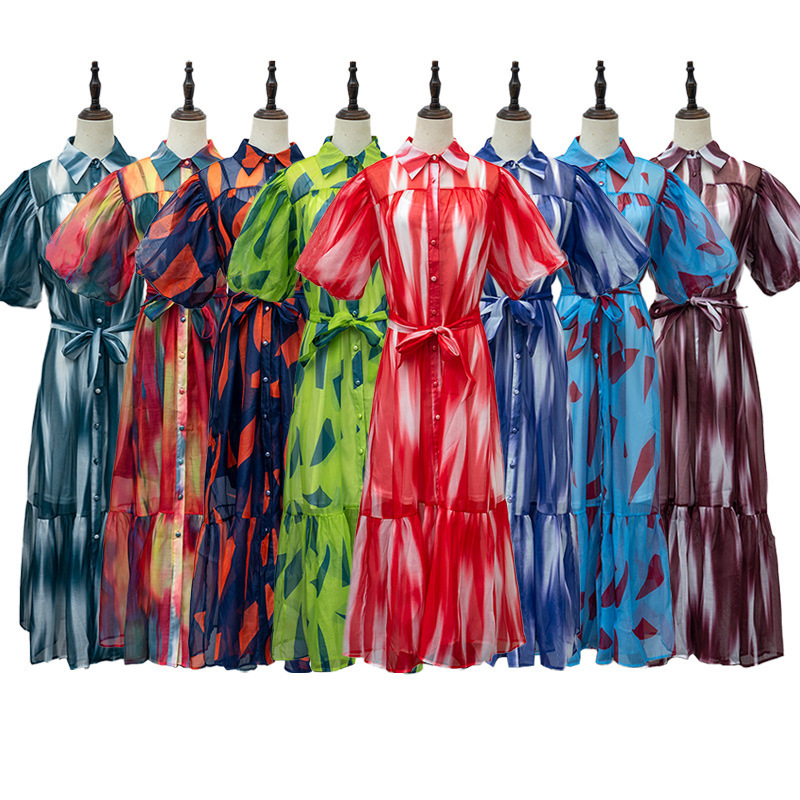 Extended Age-Reducing Versatile Puff Sleeve Mid-Length Shirt Dress 2025 Spring Women's Single-Breasted Printed Lace-Up Dress