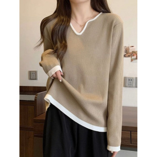 Long-Sleeve Ribbed Base Shirt for Women, Spring, Autumn, Winter New Loose Slimming Plus-Size Mid-Length Top for Women