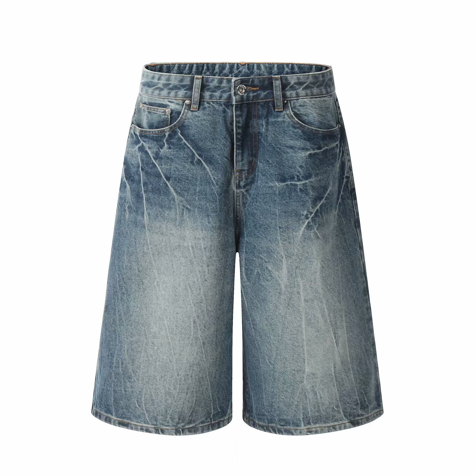 Unisex Retro Washed Distressed Cropped Denim Shorts High Street Style Wide Leg Mid-Length Pants Loose Fitting_viptrois.com