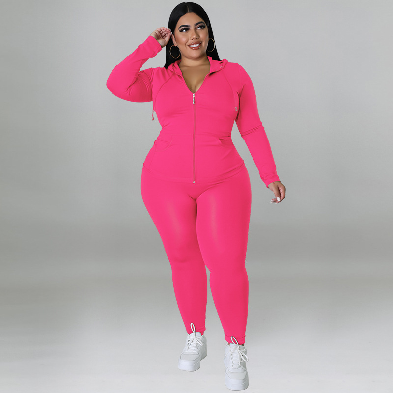 Plus Size Women's Clothing Solid Color Hooded Long Sleeve Fashion Casual Set Autumn Wear_ecoleips.com