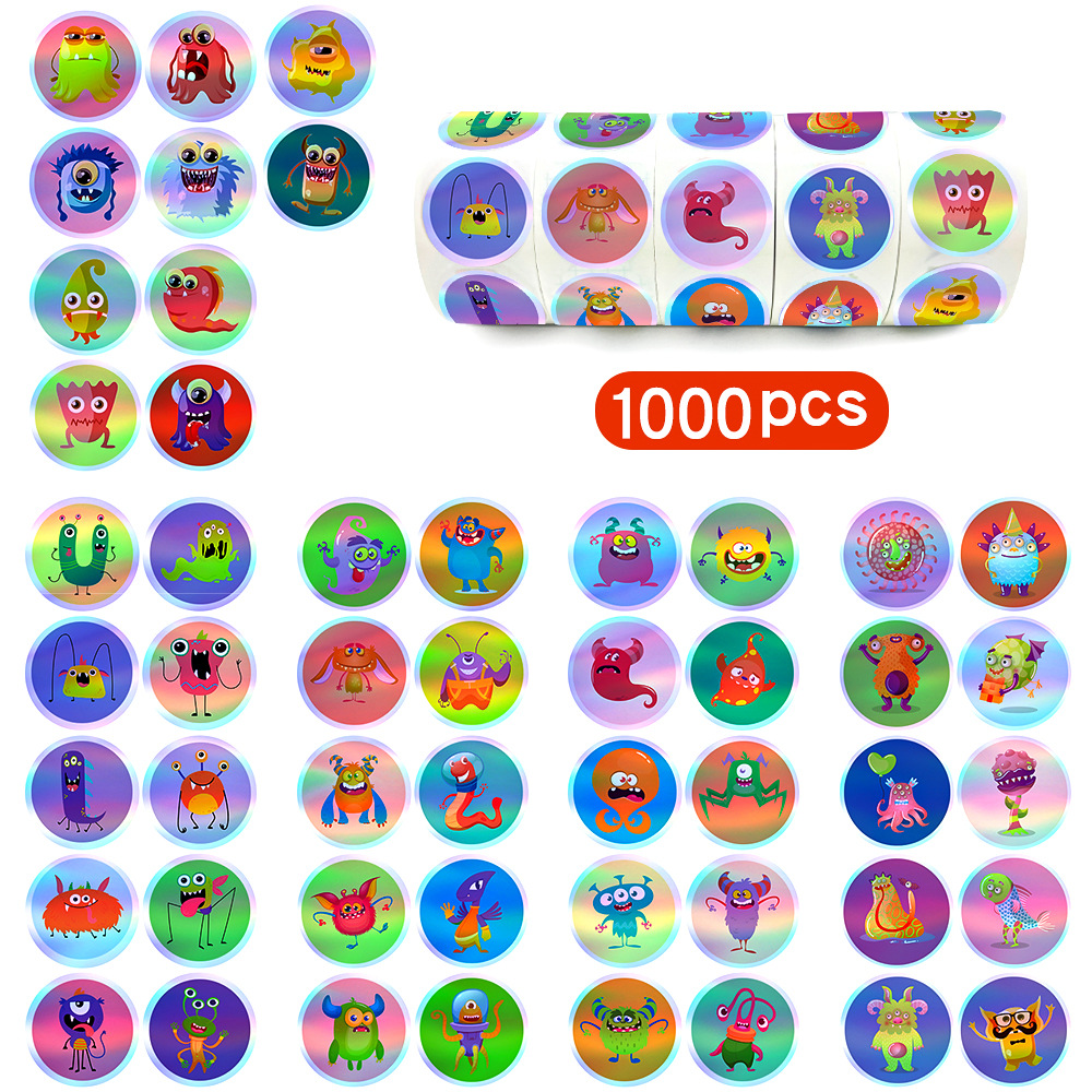 1000张1英寸全息彩色镭射返光动物贴纸多彩可爱贴纸校园表绘画