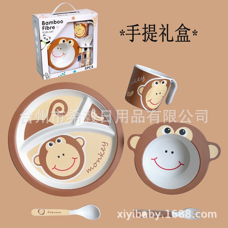 Amazon fibra de bambú niños vajilla mono arroz cuchara Tenedor bebé placa rejilla traje materna y niño regalos al por mayor