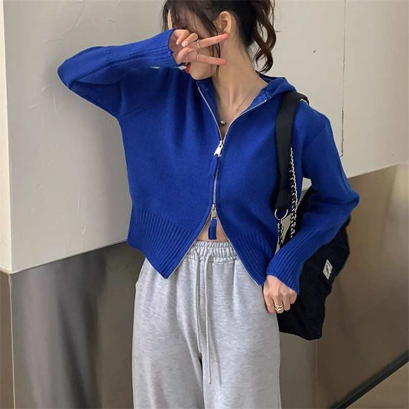 短款连帽双拉链针织衫女潮秋冬新款收腰显瘦洋气小个子毛衣女外套|undefined