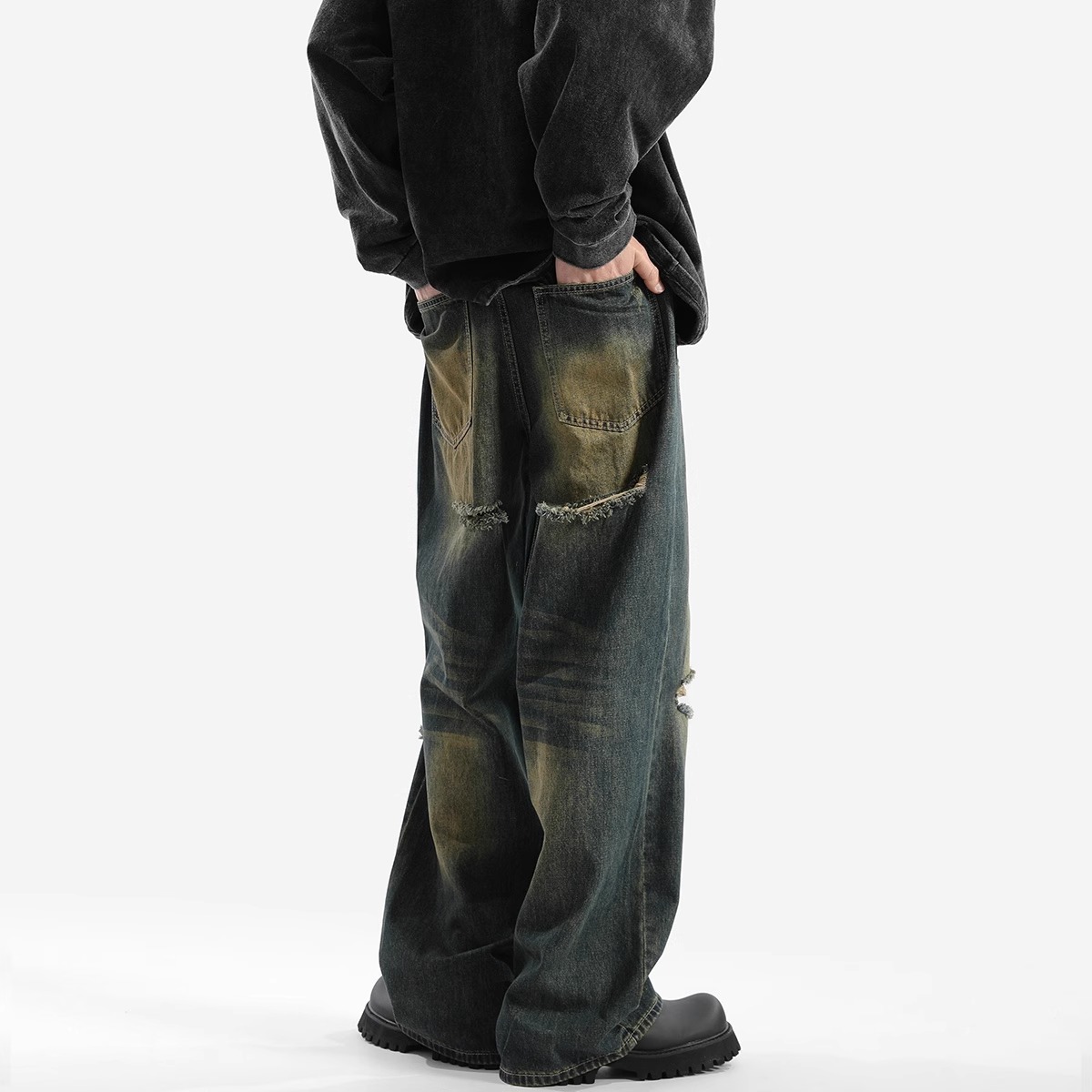 American Retro Trendy Men's Jeans 2025 Summer New Loose Straight Ripped Wide-Leg Pants