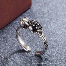 国潮霸气复古素银饕餮兽戒指男泰银貔貅合金活口指环男士开口戒指