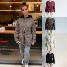 2025新款Z跨境欧美风批发 时尚气质菱形格圆领抽绳腰带棉衣外套女