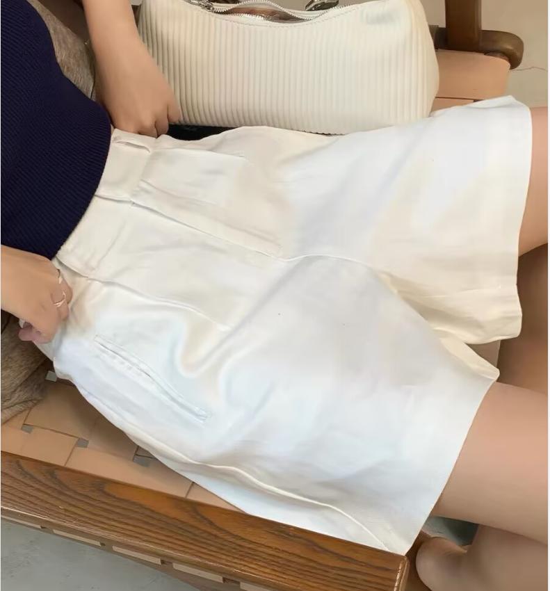Quần short nữ vải lanh phối cotton dáng rộng ống suông mùa hè — màu trắng chi tiết 4