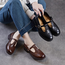 英伦复古文艺丁字鞋女2026春季新款头层牛皮玛丽珍鞋布洛克小皮鞋