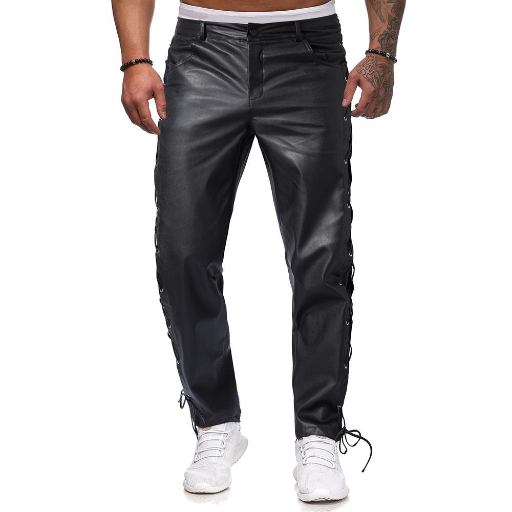 Pantalon en cuir décontracté de grande taille pour hommes avec sangle en PU de couleur unie 2024_voghion.com