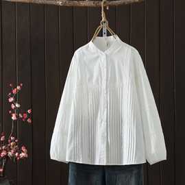 白衬衫2025年秋季新款 前片褶皱花边长袖上衣女简约打底衬衣大码