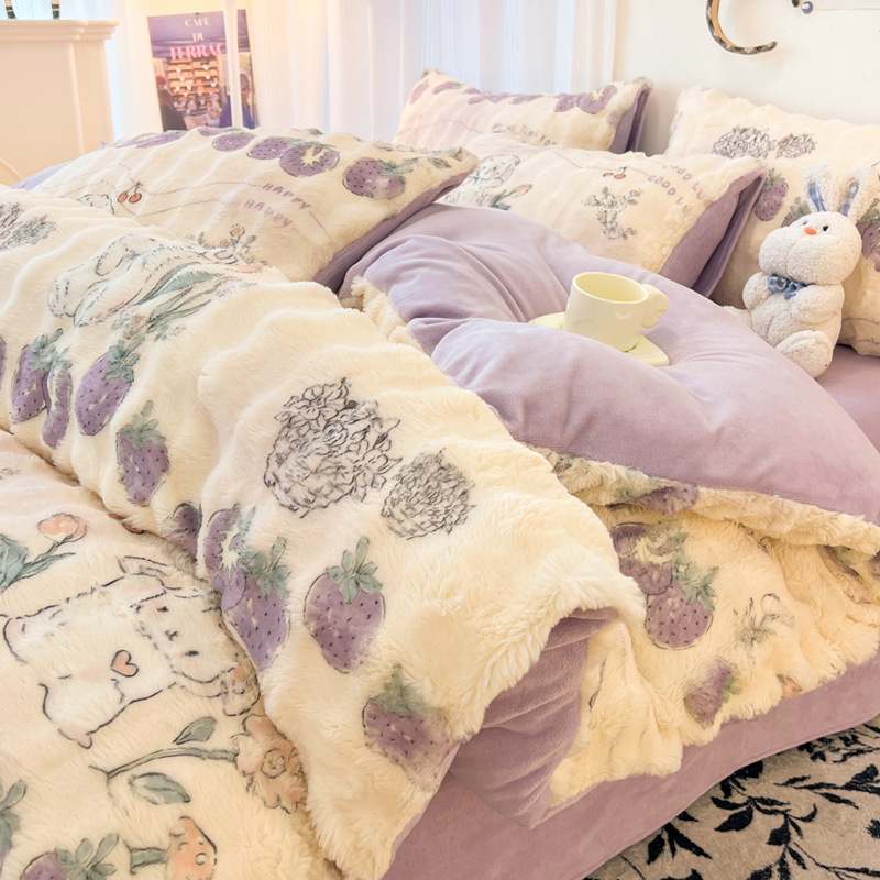 2024 nuevo traje de cuatro piezas de felpa de conejo de invierno más terciopelo de lana de leche franela de coral funda de edredón sábana de invierno