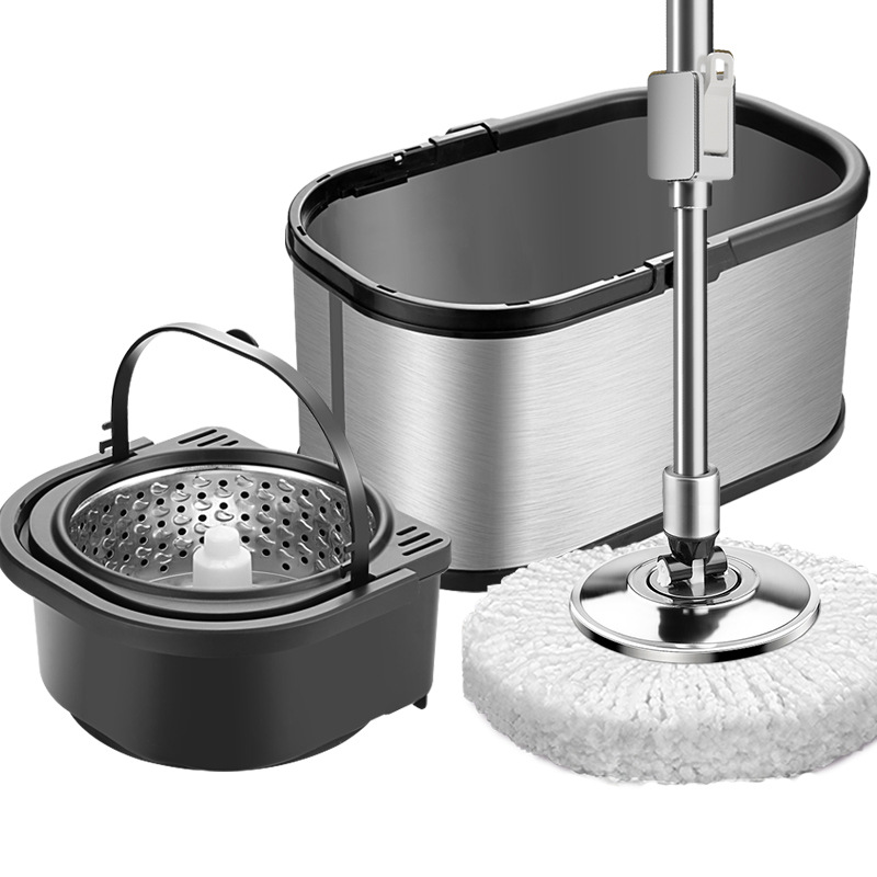 Fregona giratoria de doble uso (húmedo/seco) con cubo redondo, sistema manos libres, diseño para limpieza doméstica eficiente