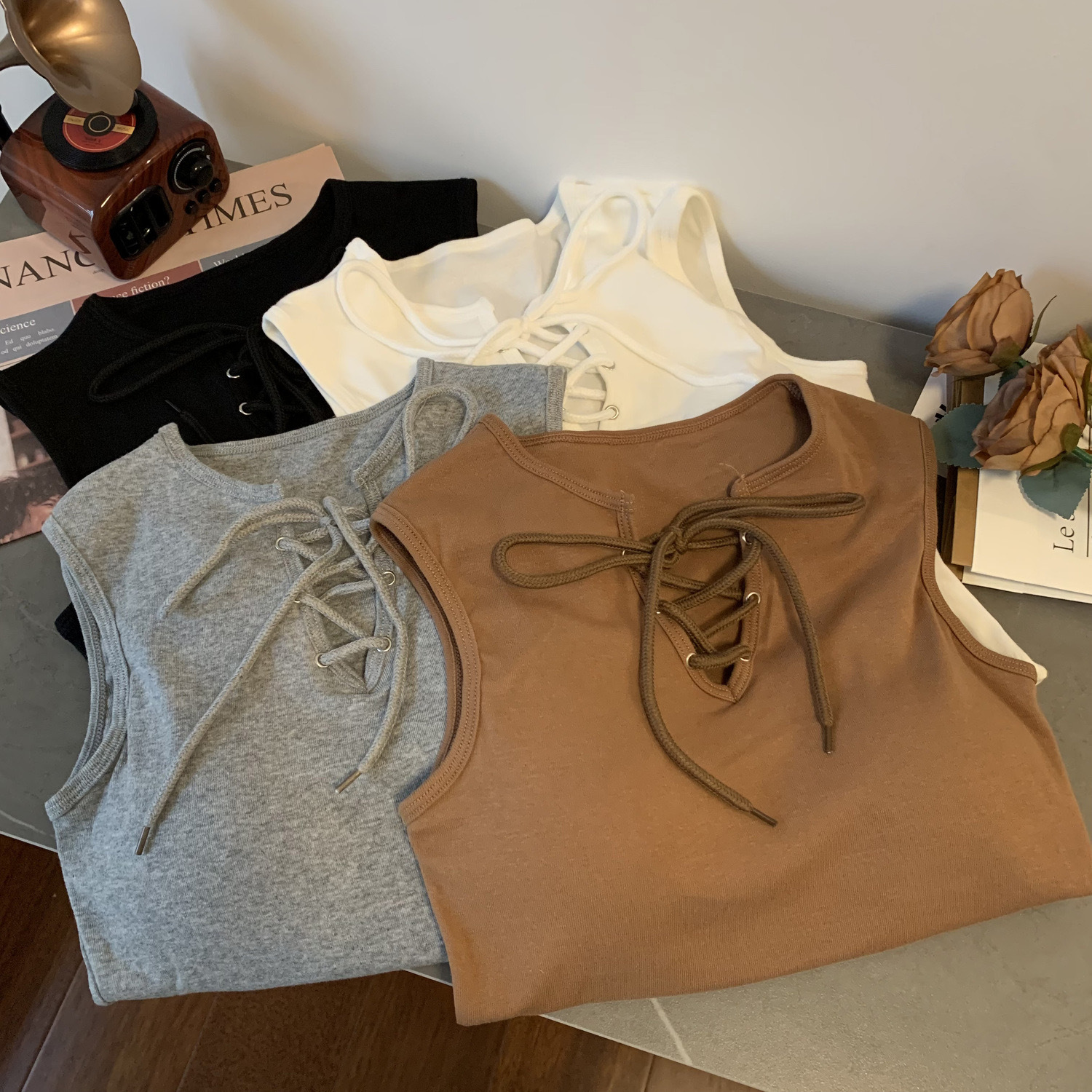 Girls Summer New Round Neck Lace-Up Pure Color Camisole 2025 Korean Style Fashionable Sleeveless Versatile Bottoming Shirt