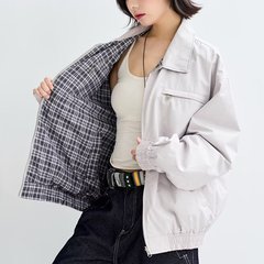 正反两面穿格子翻领外套女2025早秋新款港风宽松时尚飞行夹克长袖