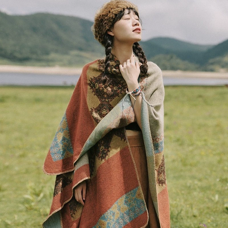 Ethnic trench coat, demi-season keep warm cloak, retro big scarf from Yunnan province made of faux fur