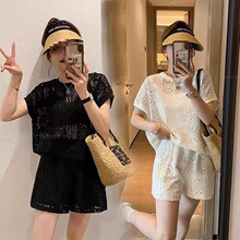 欧货休闲套装2025新款女装夏款小众设计感镂空蕾丝短袖短裤两件套