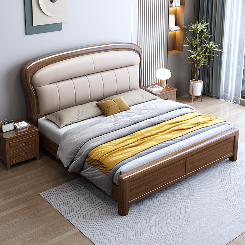 Golden Sandalwood Solid Wood Bed, Light Luxury Mortise and Tenon Soft Bed, New Chinese Style Master Bedroom Double Bed, Modern Simple Storage Wedding Bed