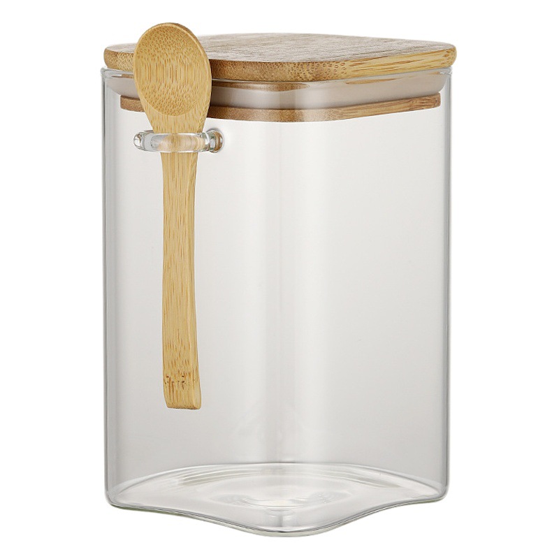 Tarro de almacenamiento cuadrado tapa de bambú sellado tarro de cocina granos dulces tarro de té tarro de almacenamiento de vidrio para el hogar