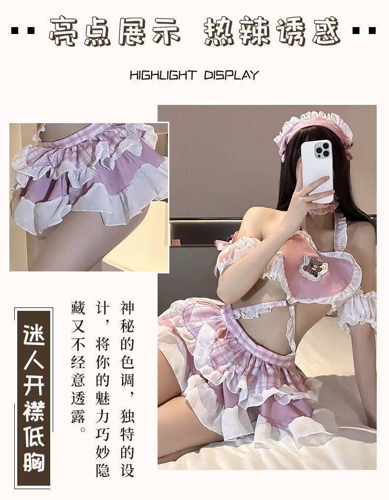 Moe Q Maid Uniform Lingerie Set with White Bodystocking, Chiffon Fabric — detail image 6