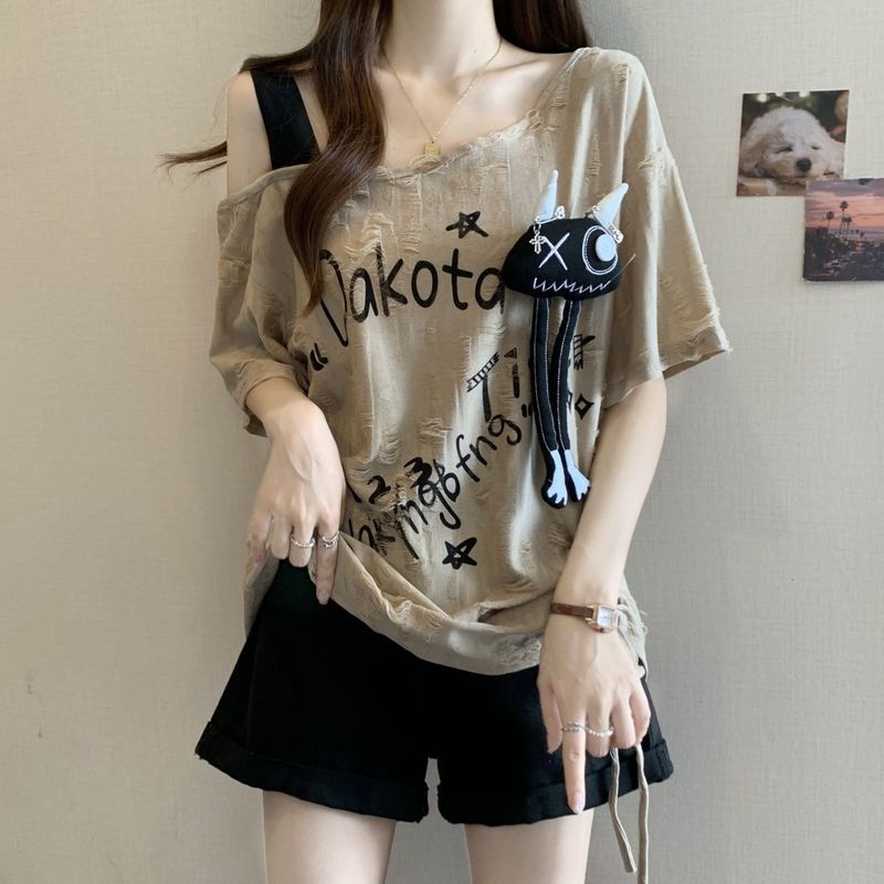 大码破洞抽绳褶皱露肩短袖t恤女夏新款胖mm宽松显瘦遮肉斜领上衣|undefined