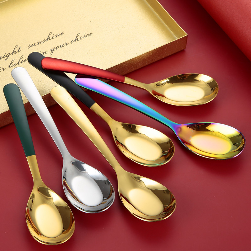 304 Stainless Steel Household Flat-bottomed Soup Rice Coffee Dessert Small Table Spoon, Titanium-plated With_voghion.com