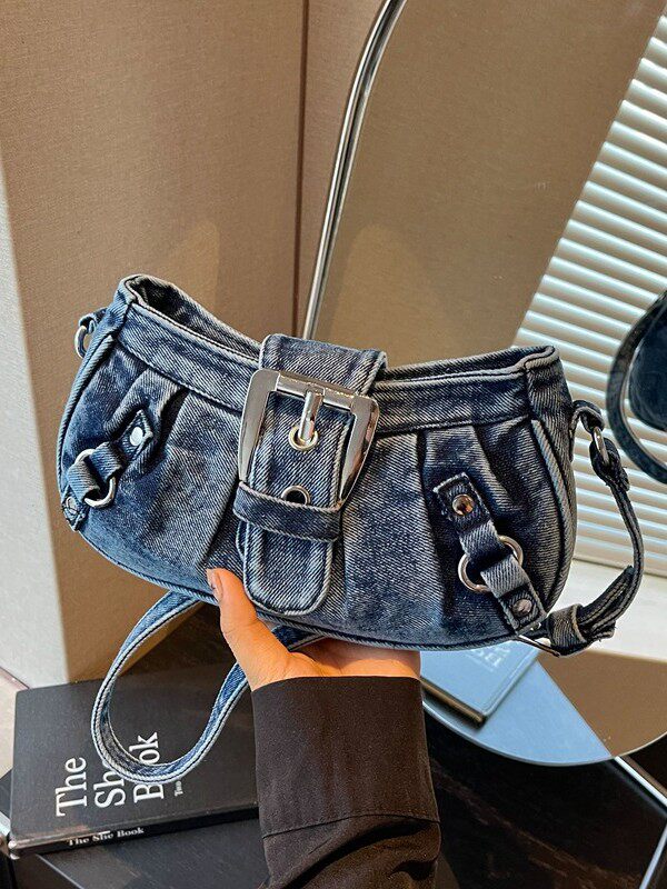Túi đeo chéo nữ dáng hộp nhỏ kẹp nách vải denim xếp nếp phong cách Hàn Quốc — Cao bồi xanh, Màu xanh cổ điển, đen