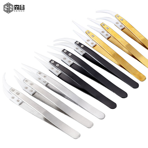 Stainless steel ceramic tweezers black handle tweezers core tools anti-high temperature anti-corrosion tweezers DIY zirconia tweezers