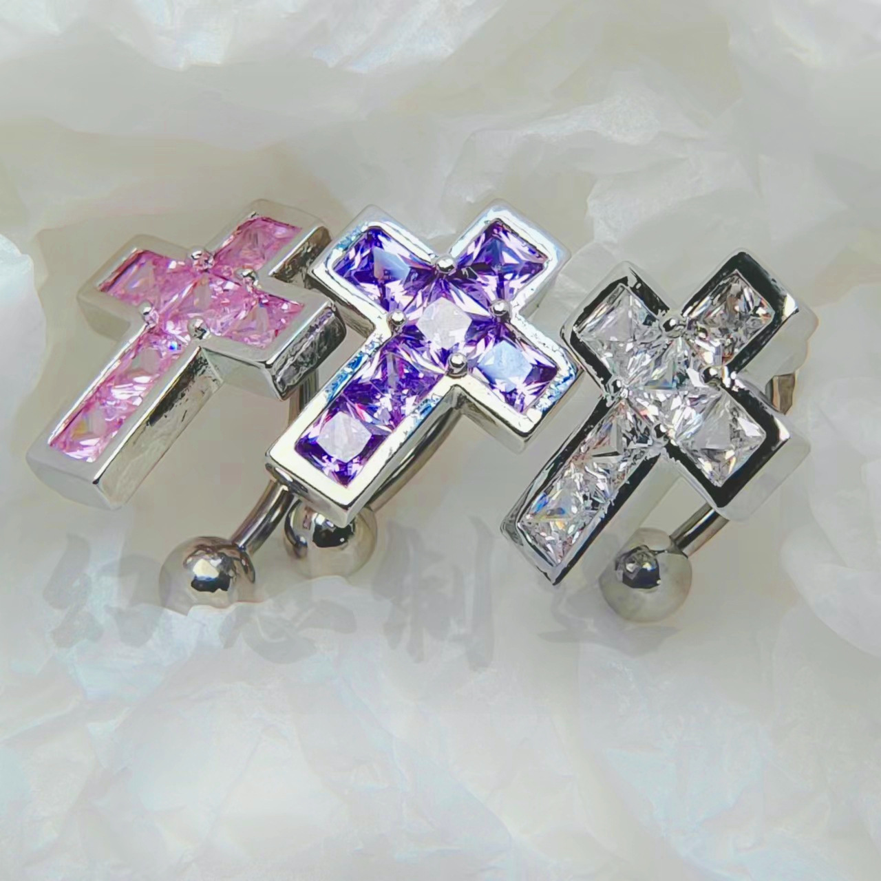Bagues et clous d'oreilles croix roses tendance, bijoux de piercing nombril en acier inoxydable faciles à porter_voghion.com