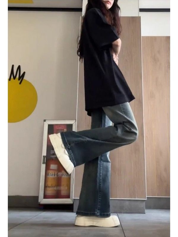 美式复古高街水洗做旧微喇牛仔裤女夏季新款高腰显瘦简约弹力裤子|undefined