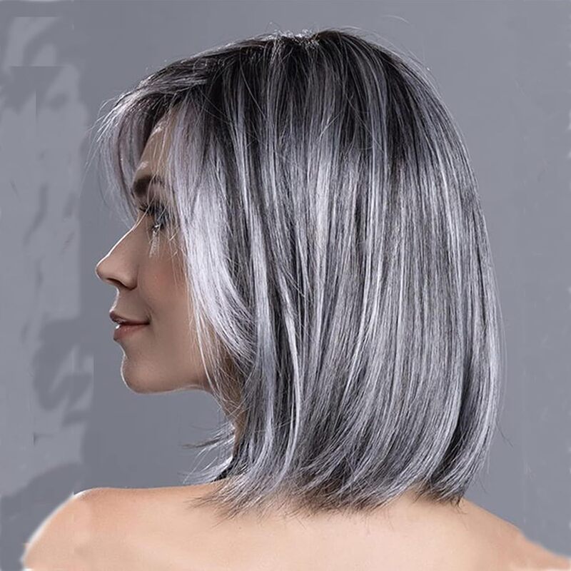 Cross-border new hot-selling European and American wig grandma gray mixed color short straight hair wave head high temperature silk wig headgear wig wig