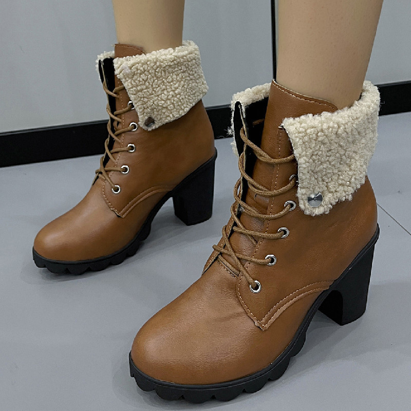 Women's Shoes short boots autumn and winter new large size round toe thick heel lace up cuffed women's leather boots_voghion.com