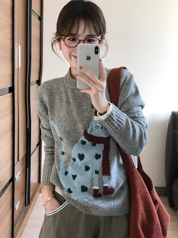 早秋氛围感巨好看的韩系可爱猫咪套头内搭毛衣针织衫女装2025秋季|undefined