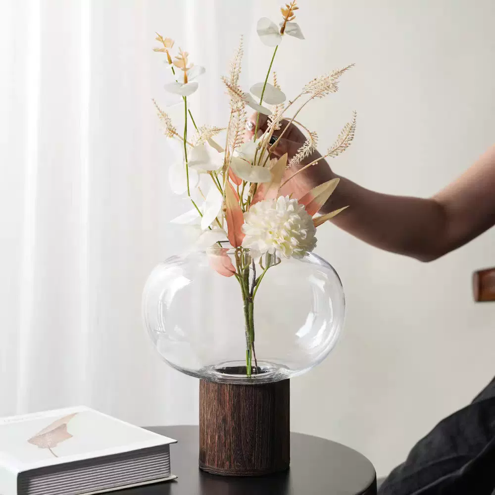 扁圆木墩玻璃花瓶高级感简约装饰花器 摆件ins风花瓶插花高级感