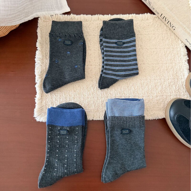 Autumn and winter Korean-style gray-blue contrast color slouch socks, versatile striped polka dot ins mid-calf socks, pure cotton seamless socks from Zhuji Autumn and winter Korean-style gray-blue contrast color slouch socks, versatile striped polka dot ins mid-calf socks, pure cotton seamless socks from Zhuji